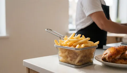 Golden fried potatoes in a metal basket alongside roasted chicken on a plate in a grill restaurant with beige walls and natural light