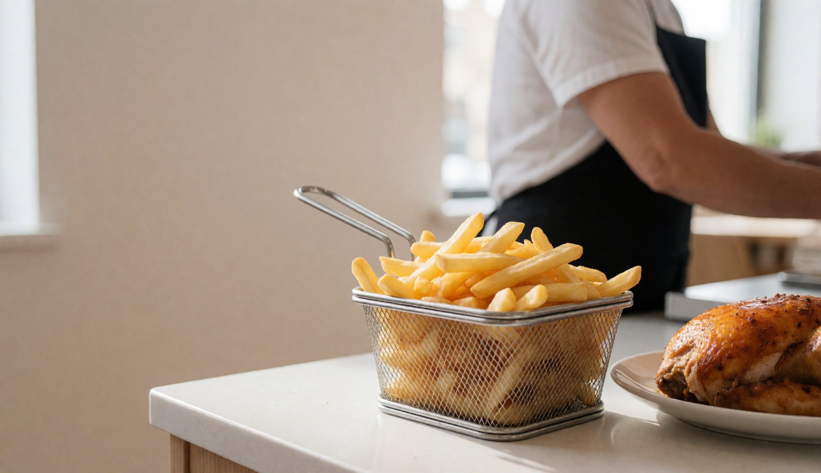 Golden fried potatoes in a metal basket alongside roasted chicken on a plate in a grill restaurant with beige walls and natural light