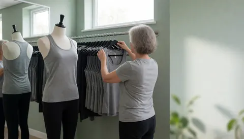 A CrossFit coach arranges sportswear on a rack in a bright studio with green walls and natural light, suitable for a website hero section.