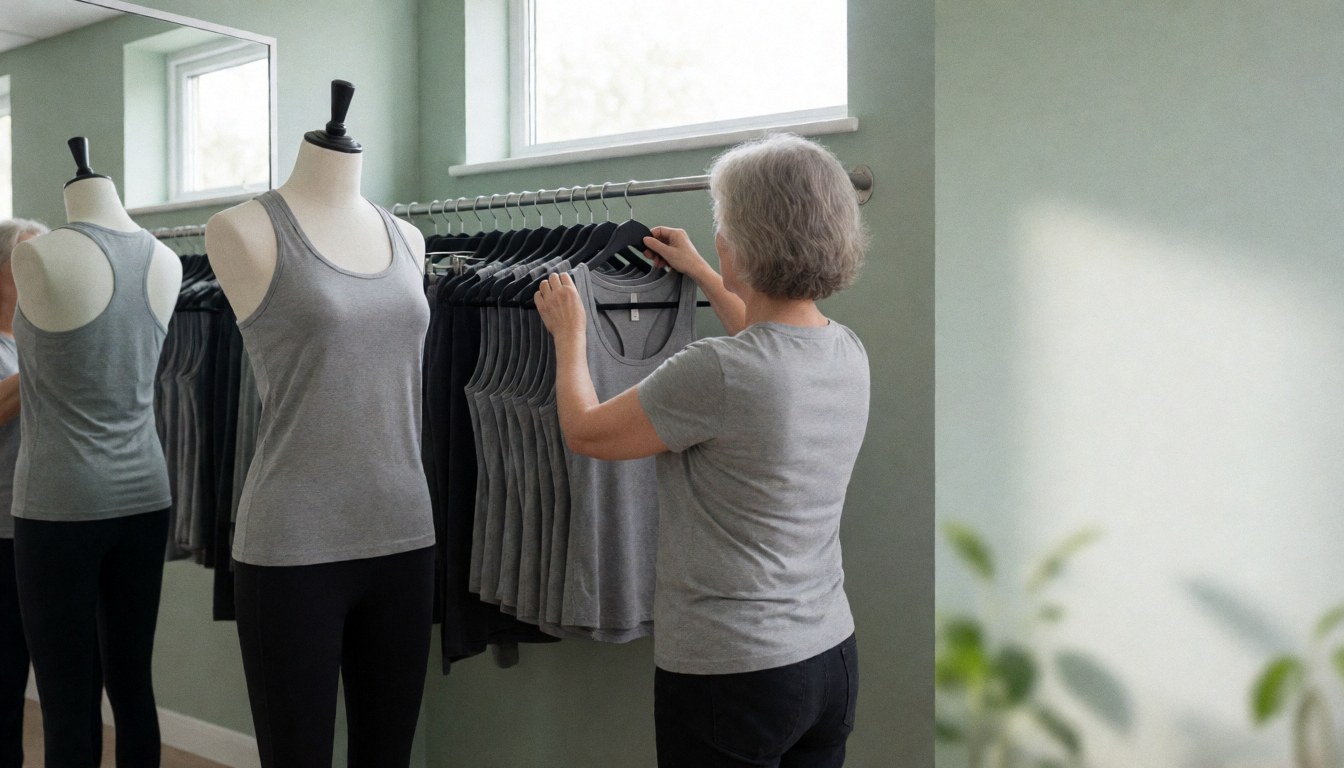 A CrossFit coach arranges sportswear on a rack in a bright studio with green walls and natural light, suitable for a website hero section.
