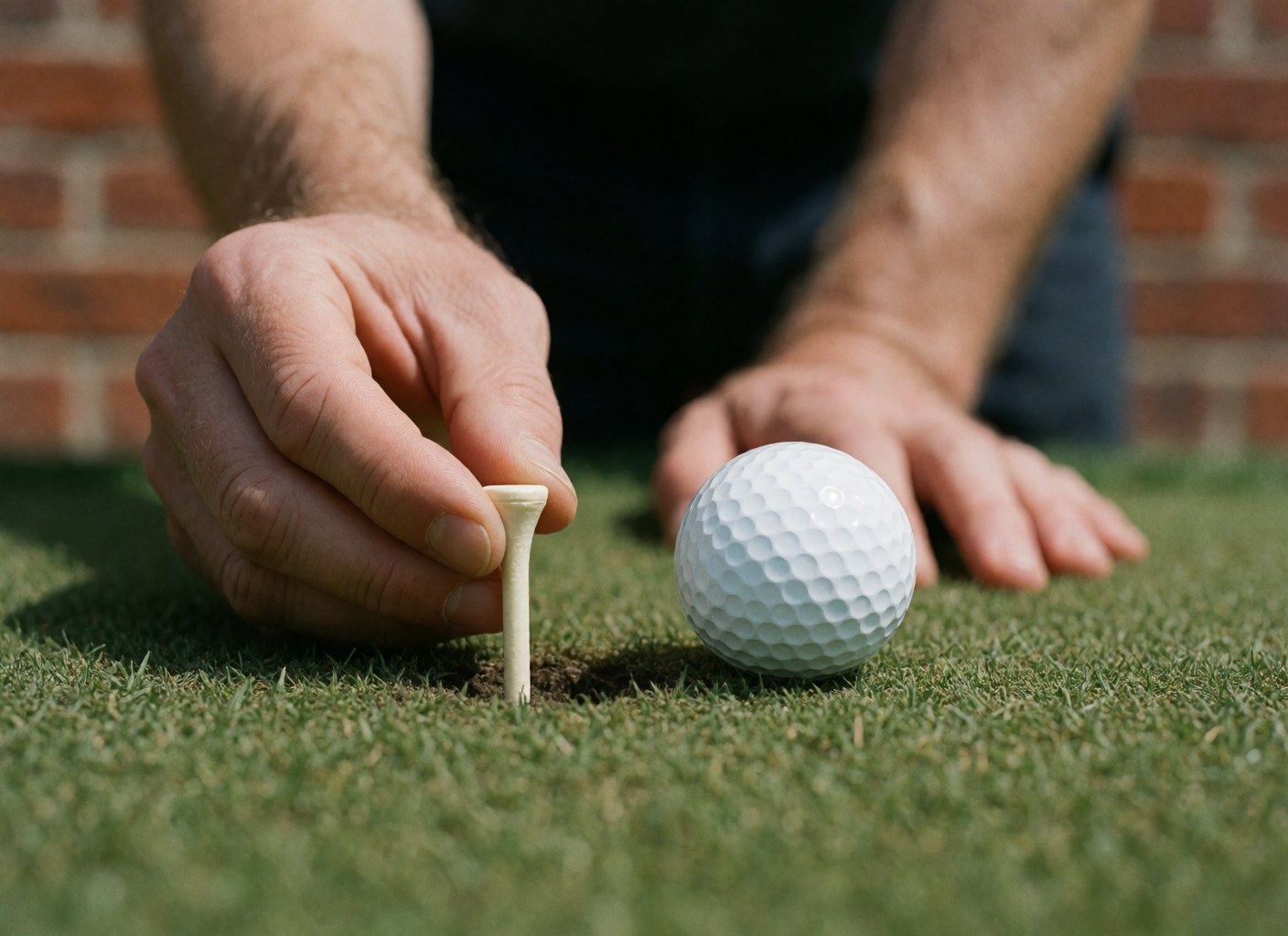 Close-up of a hand placing a white golf tee into the green grass next to a golf ball with a red brick wall in the background