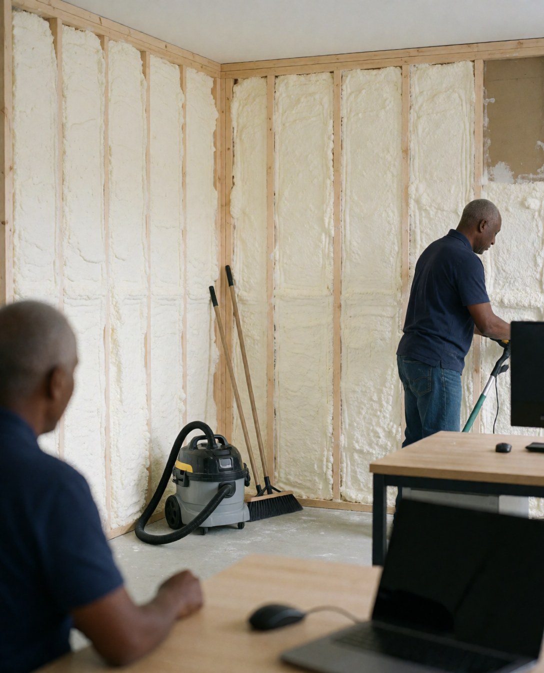 A technician applies thermal insulation material to wooden wall panels in an interior space, with cleaning equipment visible nearby.