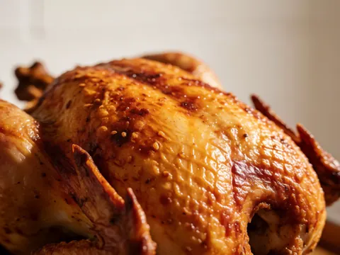 Close-up of crispy golden roasted chicken skin with oil pools and cooking marks on a white wall at a chicken shop