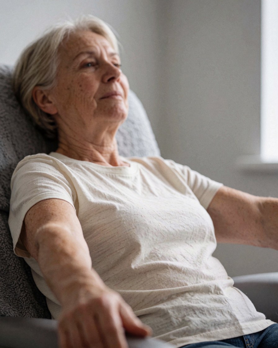A relaxed adult woman sitting comfortably in a chair with natural light and gray walls, suitable for hypnotherapy contexts