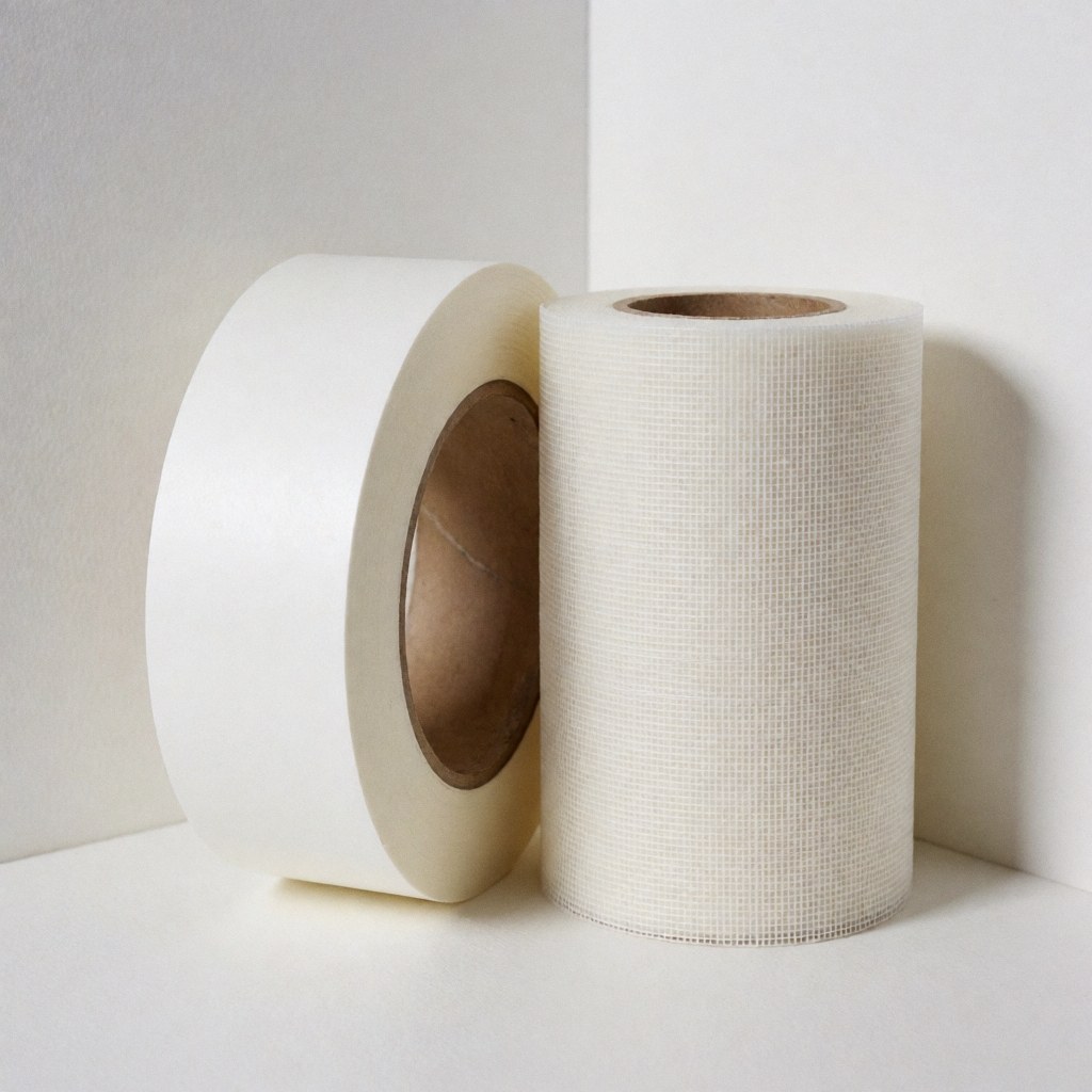Two rolls of tape, one plain paper and one mesh, placed in a white corner for wall repair