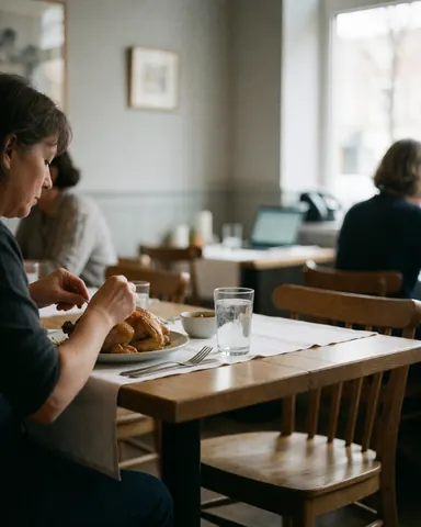 A person enjoying a plate of roasted chicken in a restaurant with wooden tables and gray walls illuminated by natural light.