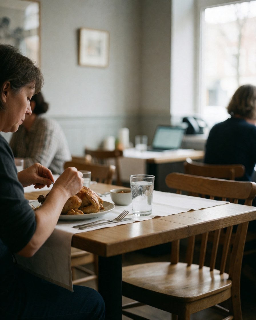 A person enjoying a plate of roasted chicken in a restaurant with wooden tables and gray walls illuminated by natural light.