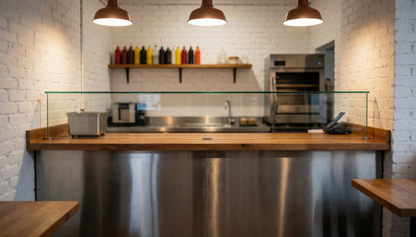 Wood and stainless steel service counter with white brick walls and hanging lights, ideal for a rotisserie chicken restaurant.