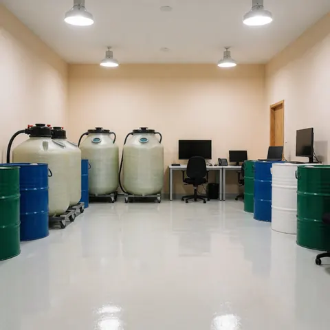 Industrial area with storage tanks and waste barrels, shiny epoxy floor, and industrial lights, ideal for waste management services.