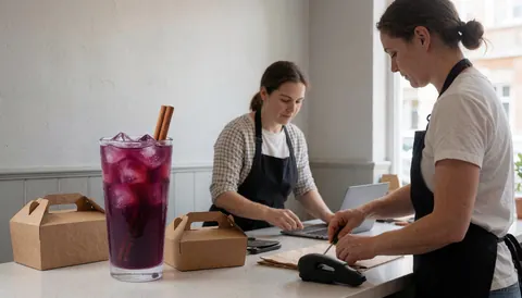 Purple corn beverage with cinnamon and ice in a glass next to food boxes at a polleria counter.