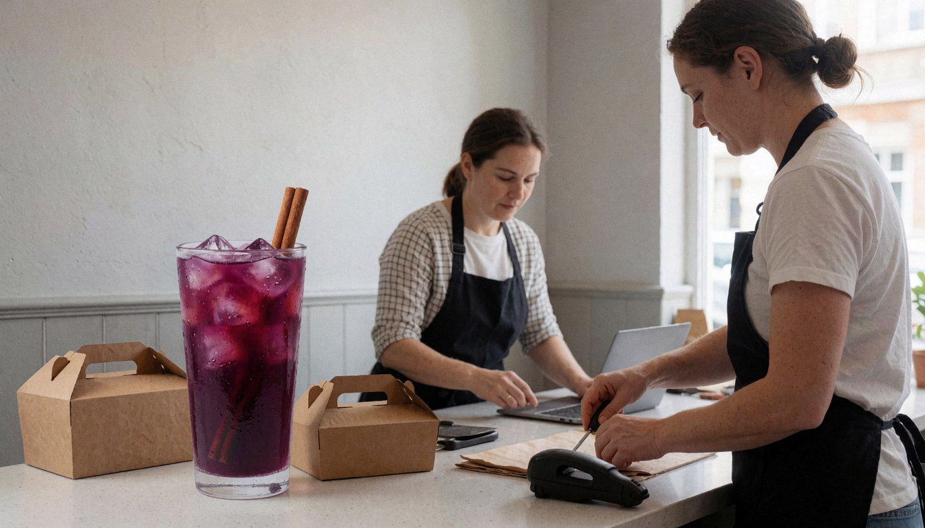 Purple corn beverage with cinnamon and ice in a glass next to food boxes at a polleria counter.