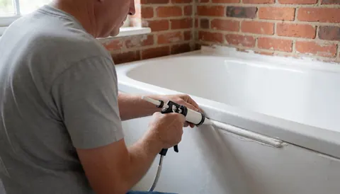 A man applies white silicone sealant to the joint of a white bathtub against a red brick wall during a bathroom installation.