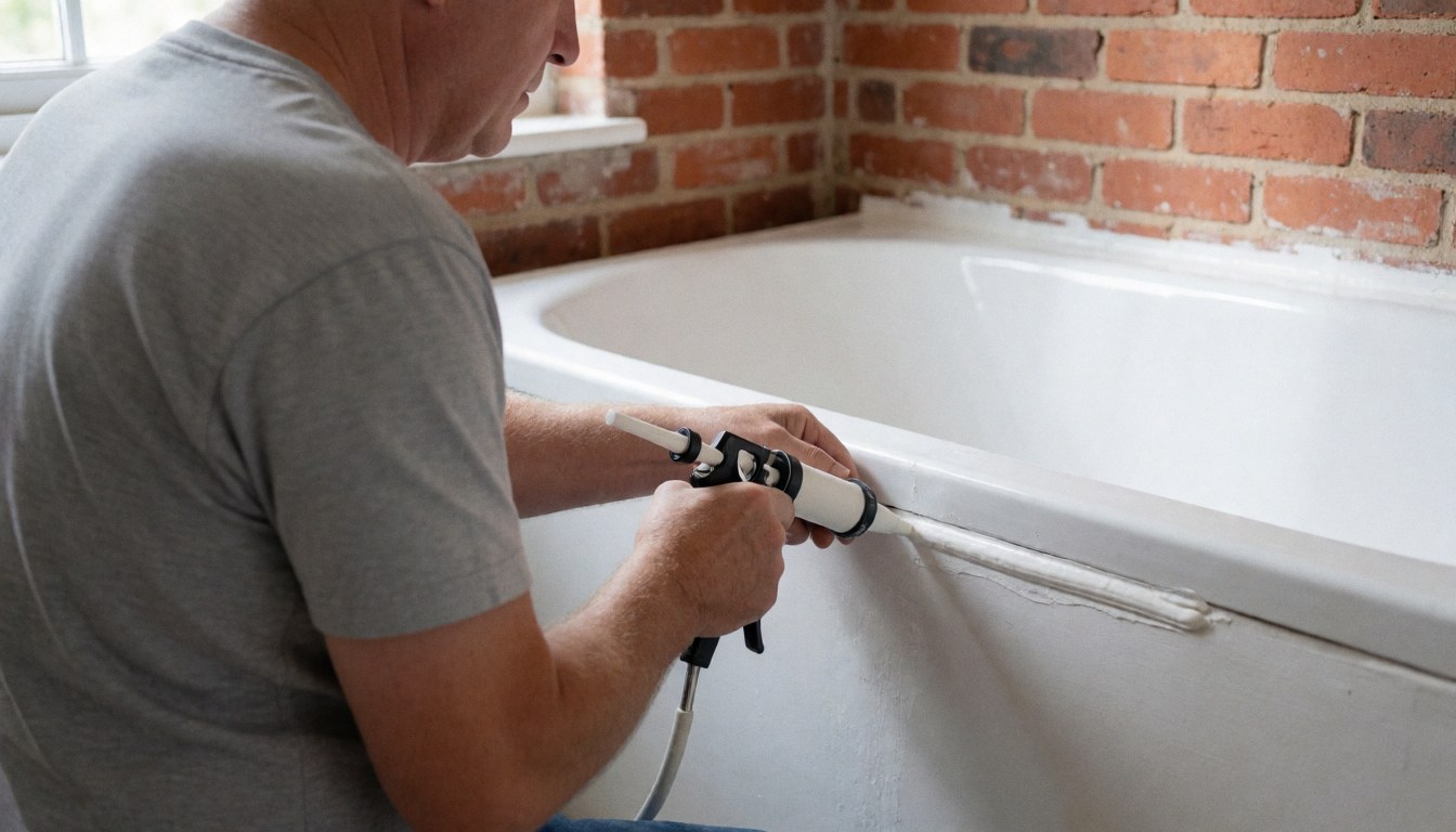 A man applies white silicone sealant to the joint of a white bathtub against a red brick wall during a bathroom installation.
