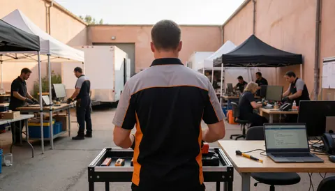 Motor technician adjusting equipment in paddock with tents and laptops under warm light