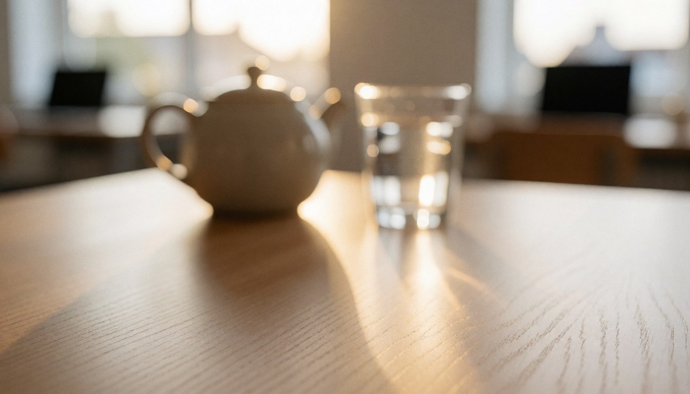 A wooden table featuring a ceramic teapot and a glass of water, illuminated by warm light, suitable as a background for spa or massage settings.