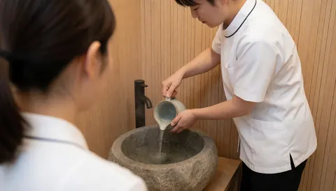 A therapist pours water onto a stone surface in a spa setting, highlighting a wellness ritual and service in action.