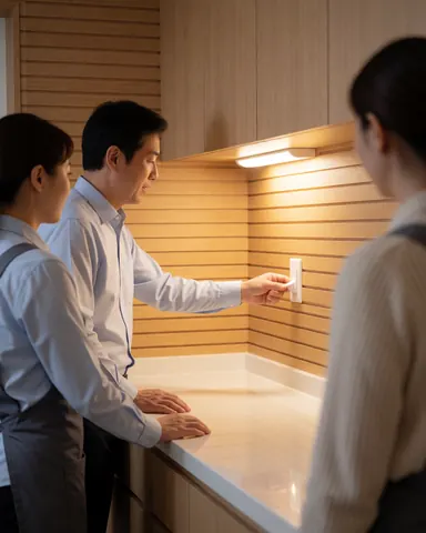 A happy client activates under-cabinet lighting in a newly installed kitchen while the professional installer observes the completed work.