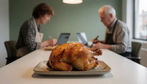 Roasted chicken served on a ceramic plate placed on a white table, with two people wearing aprons working on laptops in the background.