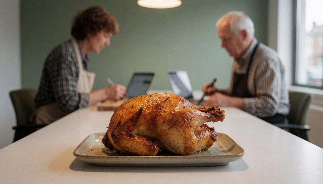 Roasted chicken served on a ceramic plate placed on a white table, with two people wearing aprons working on laptops in the background.
