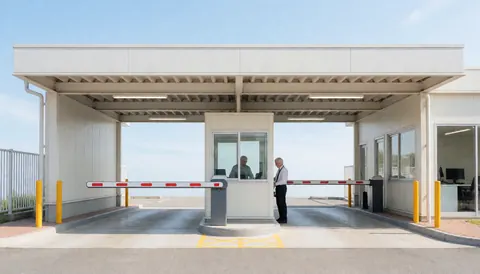 Parking attendant standing at post with raised barrier under clear blue sky