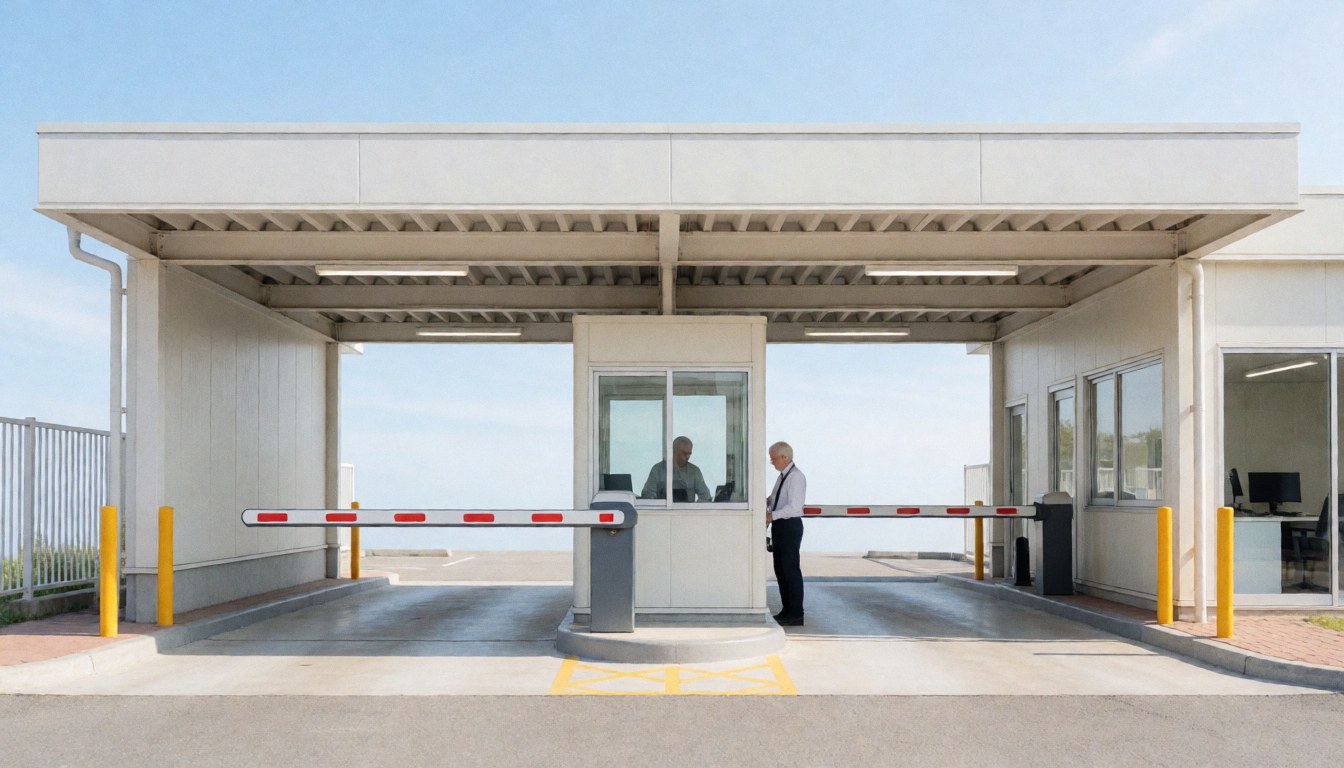 Parking attendant standing at post with raised barrier under clear blue sky
