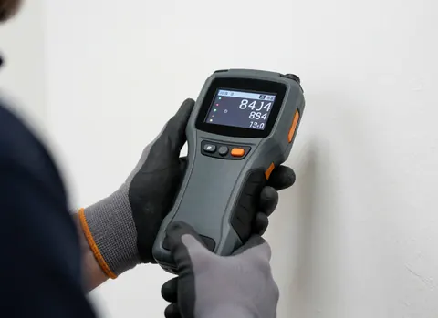 Close-up of a gloved hand holding a digital gas analyzer showing readings on the screen against a white wall for heating system installation