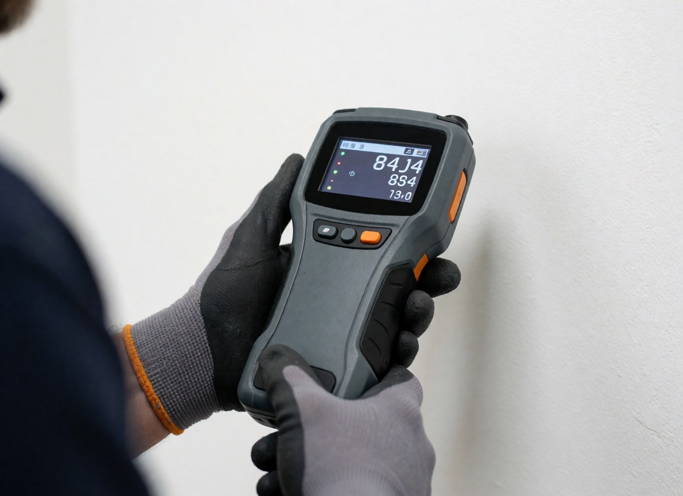 Close-up of a gloved hand holding a digital gas analyzer showing readings on the screen against a white wall for heating system installation