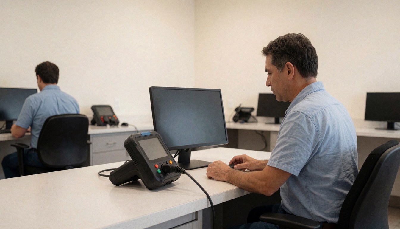 Electronics repair technician diagnosing a computer using a connected tool in a clean modern office setting