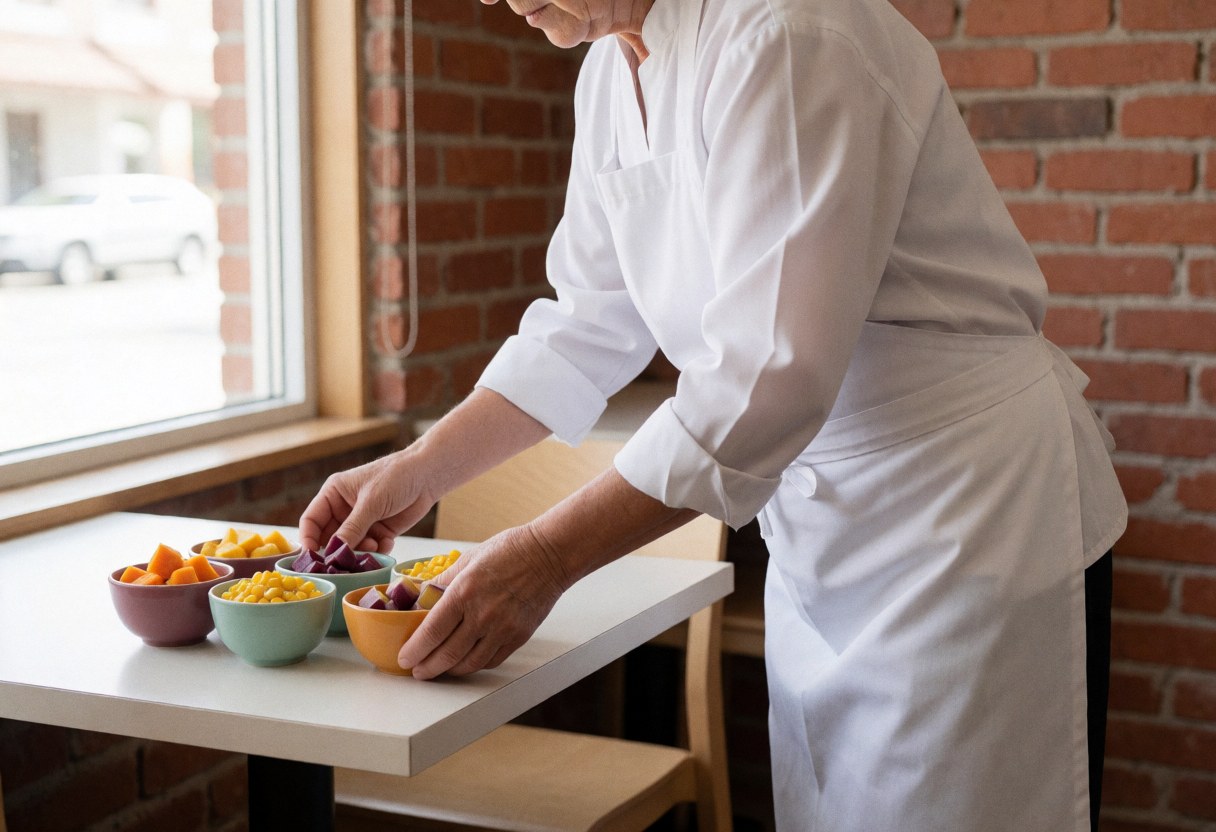 Server in white uniform preparing food on a white table against a red brick wall with natural light