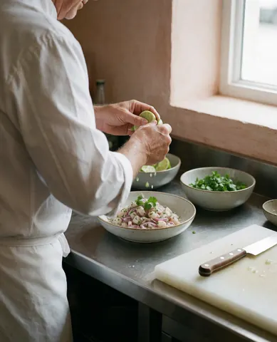 Chef squeezing lime juice over ceviche on stainless steel counter with cilantro and knife on cutting board