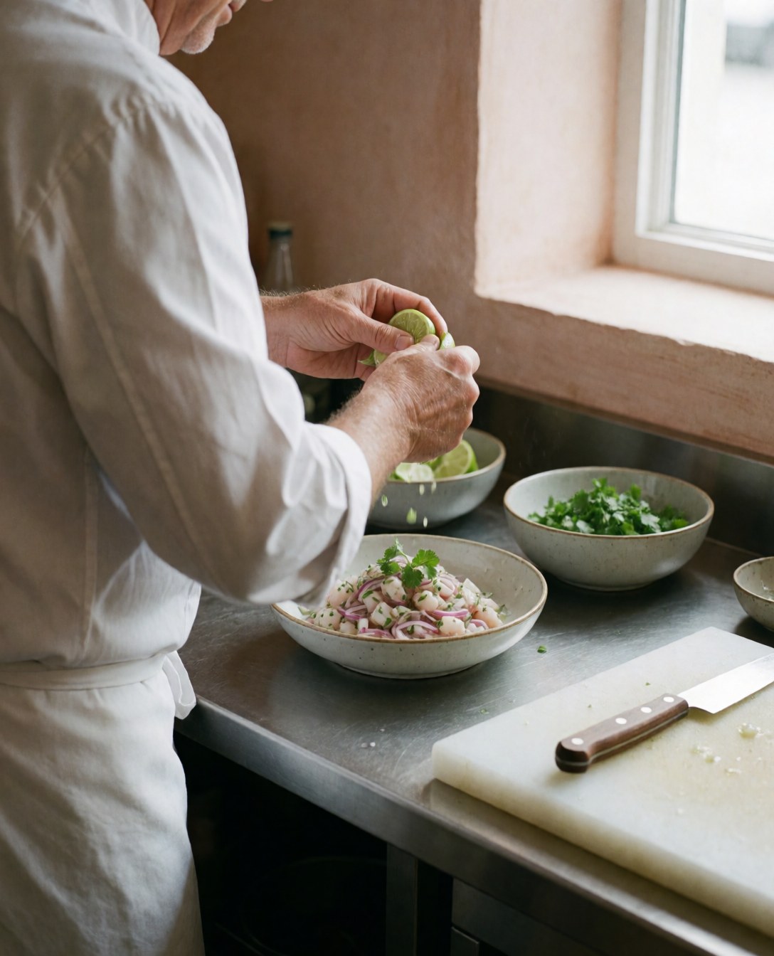 Chef squeezing lime juice over ceviche on stainless steel counter with cilantro and knife on cutting board