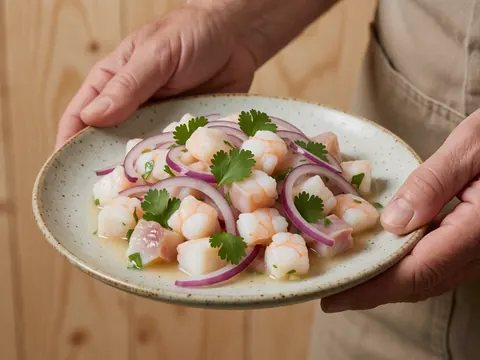 Seafood ceviche with shrimp and fish in sauce, garnished with red onion and cilantro, served on a ceramic plate over a wooden background.