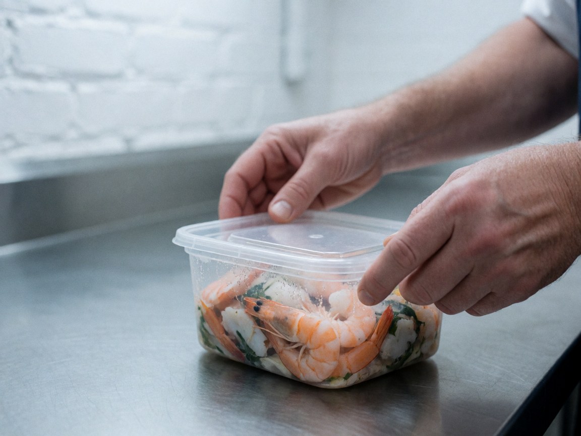 Hands closing the lid of a container with fresh shrimp on a stainless steel table in a cevicheria kitchen.