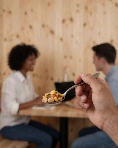 A spoon holding ceviche and toasted corn on a wooden table in a restaurant setting