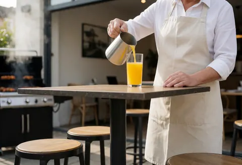 A chef pours fresh juice at a table on a terrace with a smoking grill in the background.