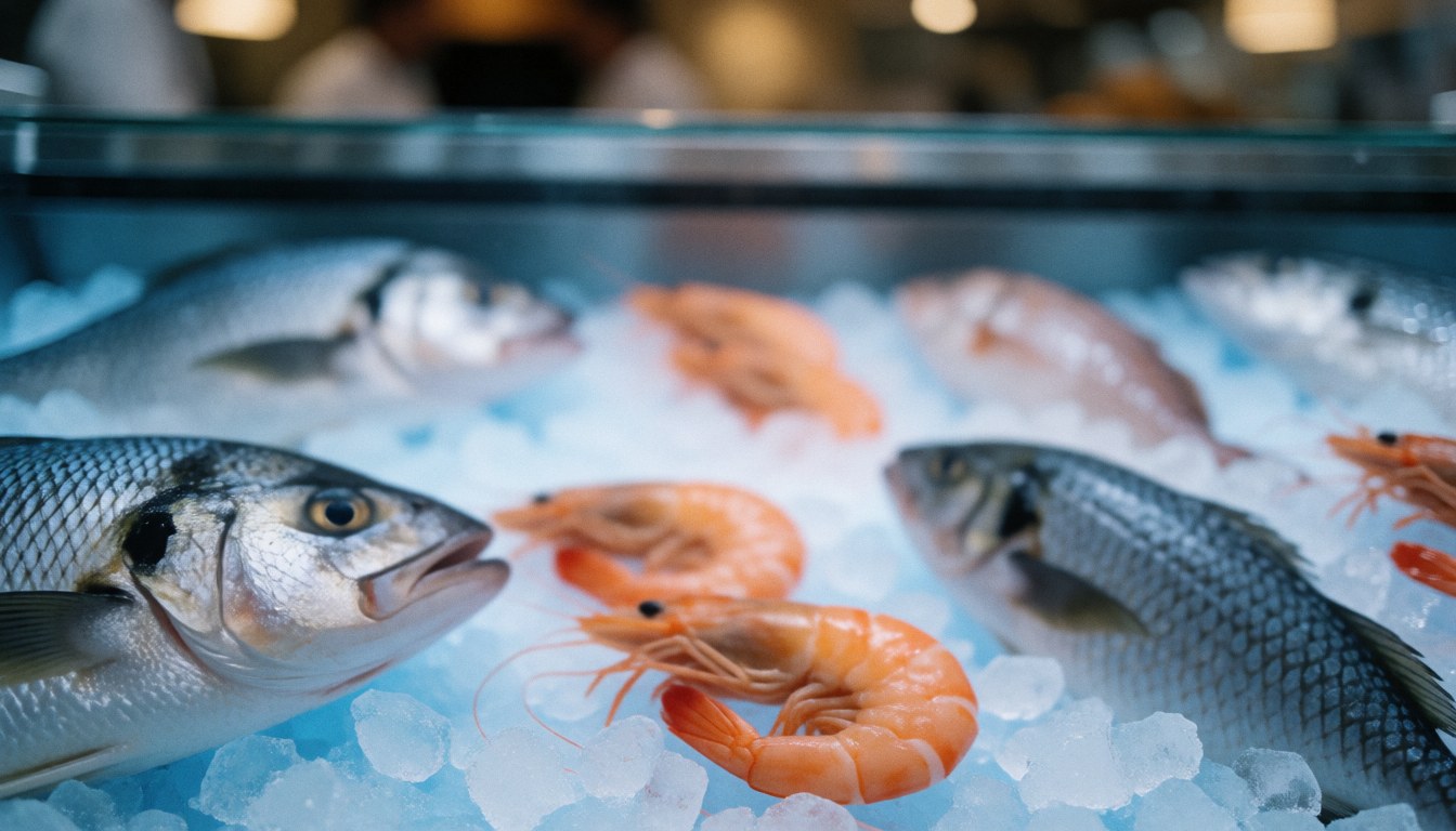 Fresh fish and crabs on ice in a market display case, ideal for commercial background.