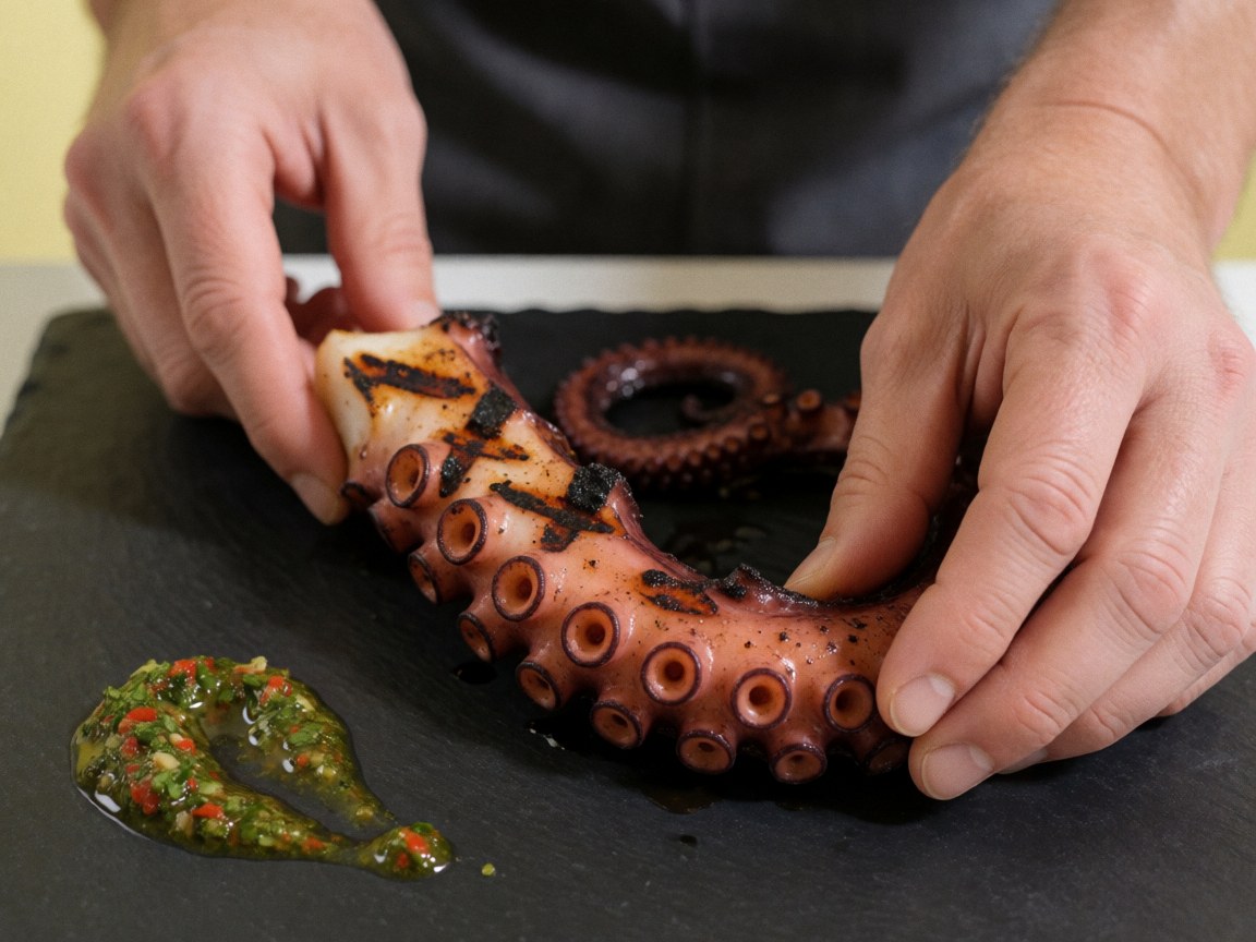 Grilled octopus tentacle with grill marks and chimichurri sauce on a black stone surface in a cevicheria