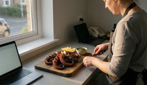 Grilled octopus with grill marks and chimichurri sauce on a wooden board near a window with warm light in a cevicheria