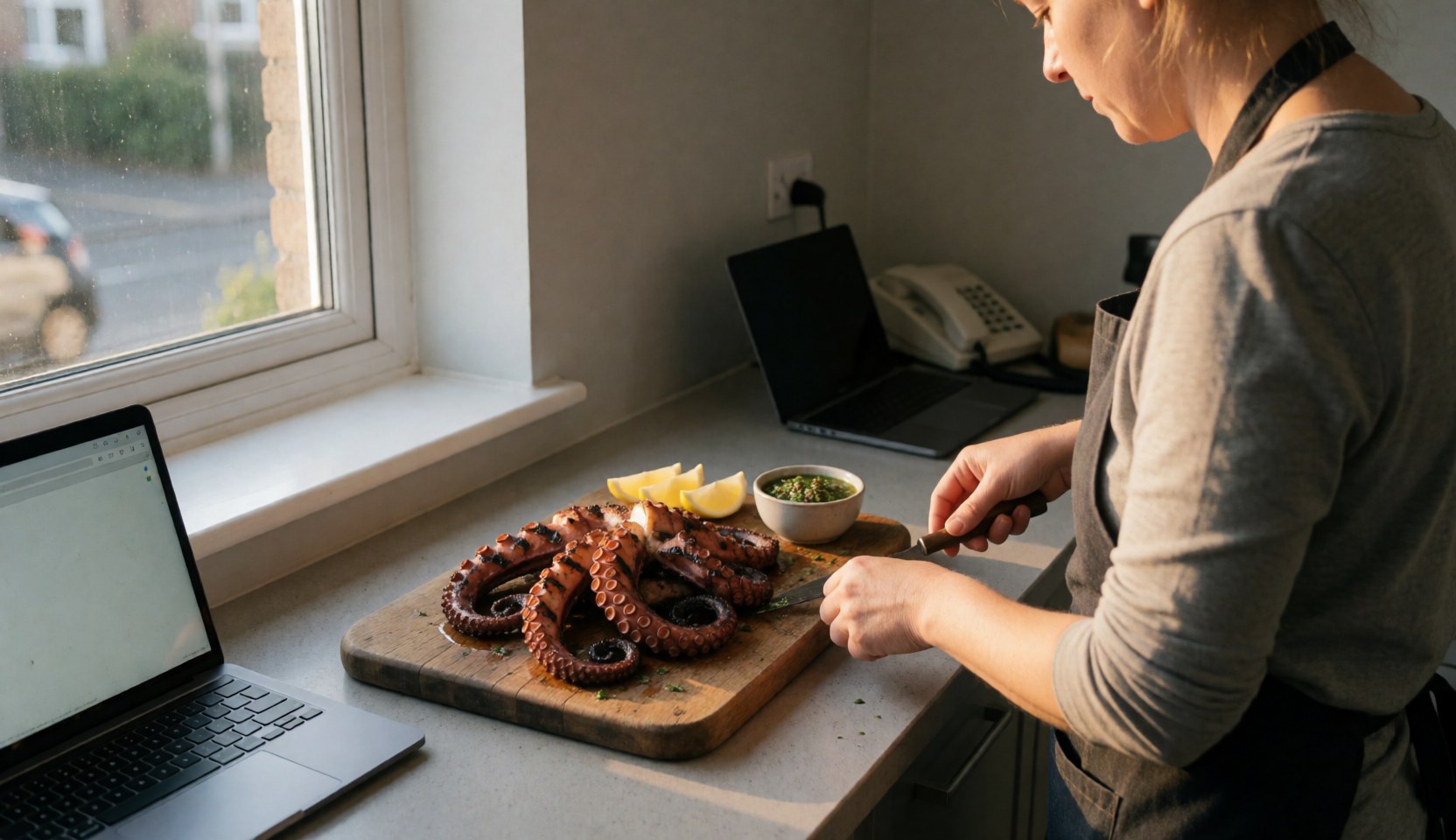 Grilled octopus with grill marks and chimichurri sauce on a wooden board near a window with warm light in a cevicheria