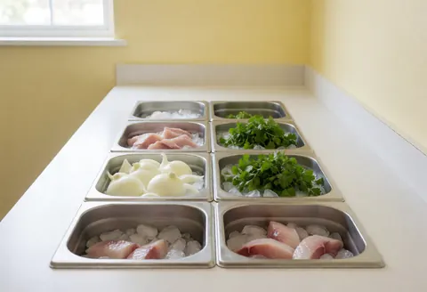 Fresh fish, onion, and cilantro prepared in stainless steel containers on ice for ceviche service