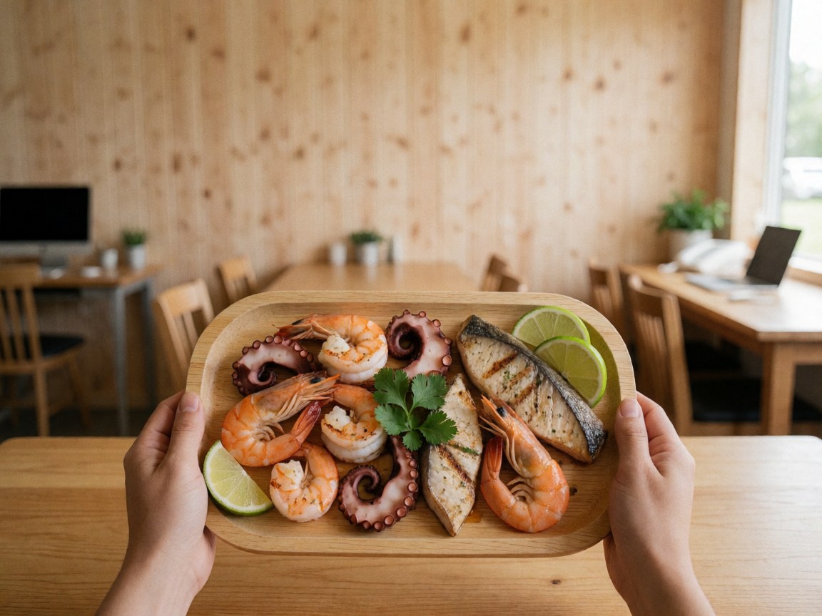 Grilled seafood served on a rustic wooden plate, garnished with fresh lime wedges and cilantro, ready for a cevicheria menu.