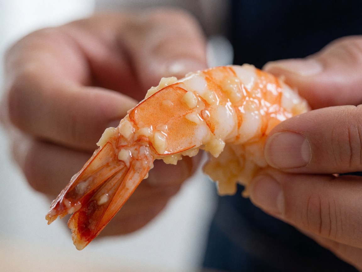 Close-up of a hand holding a shrimp with garlic and butter, showing a glossy texture against a blurred background.
