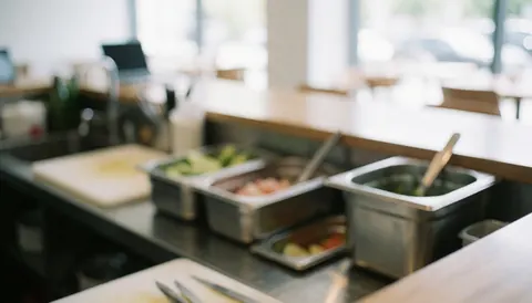 Stainless steel containers holding fresh ingredients on a metal surface in a cevicheria kitchen background