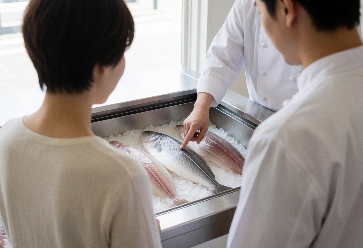Chef in white uniform points to fresh fish on ice in a stainless steel container while serving a customer in a fresh food establishment.