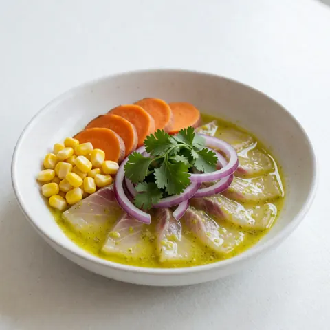 Fish tiradito with tiger's milk, cilantro, red onion, corn, and sweet potato in a white bowl on a white background