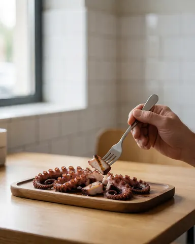 A hand uses a fork to take a piece of grilled octopus from a wooden plate on a wooden table in a cevicheria with white tiled walls and natural light.