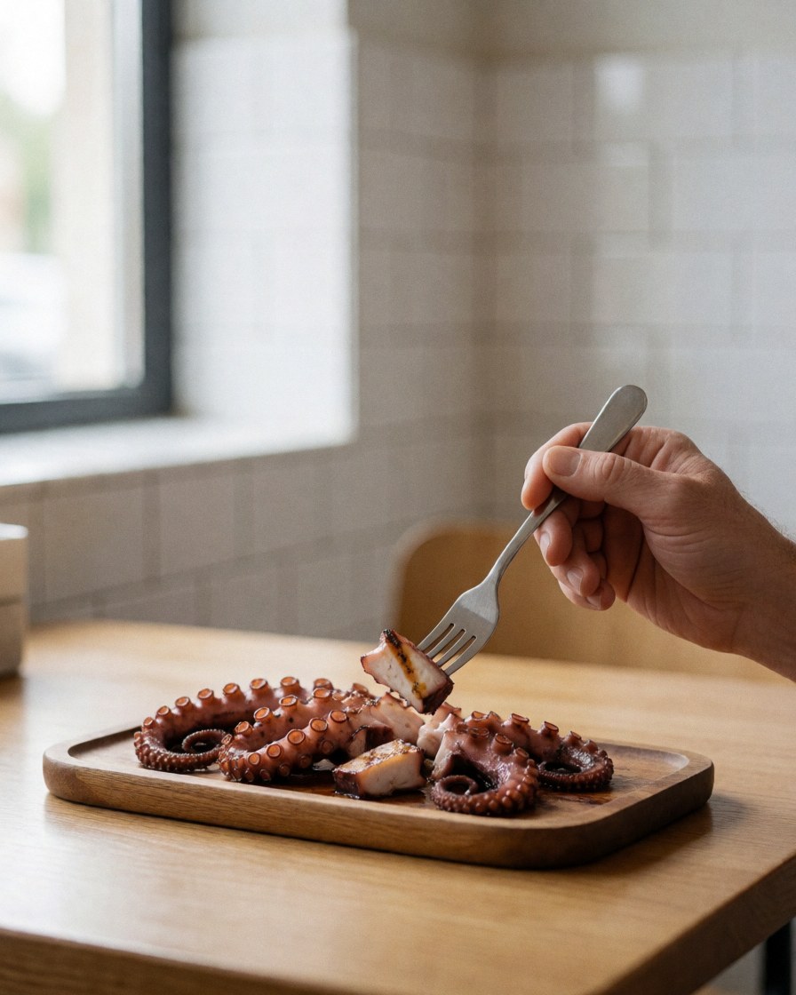 A hand uses a fork to take a piece of grilled octopus from a wooden plate on a wooden table in a cevicheria with white tiled walls and natural light.