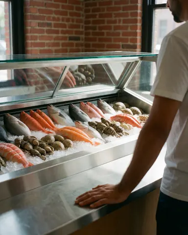 A customer looks at fresh fish displayed on ice in a stainless steel case at a seafood restaurant with red brick walls.