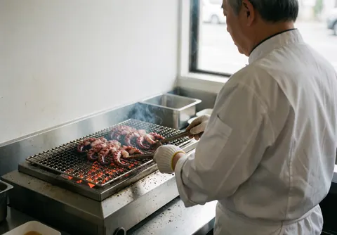 Chef grilling octopus on red charcoal in a clean professional cevicheria kitchen with white walls
