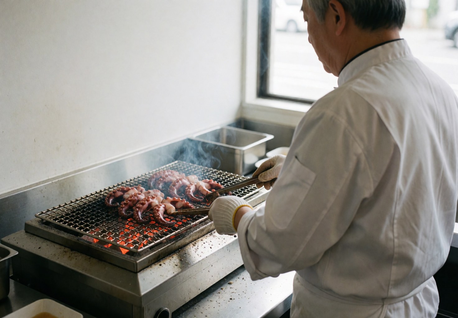 Chef grilling octopus on red charcoal in a clean professional cevicheria kitchen with white walls